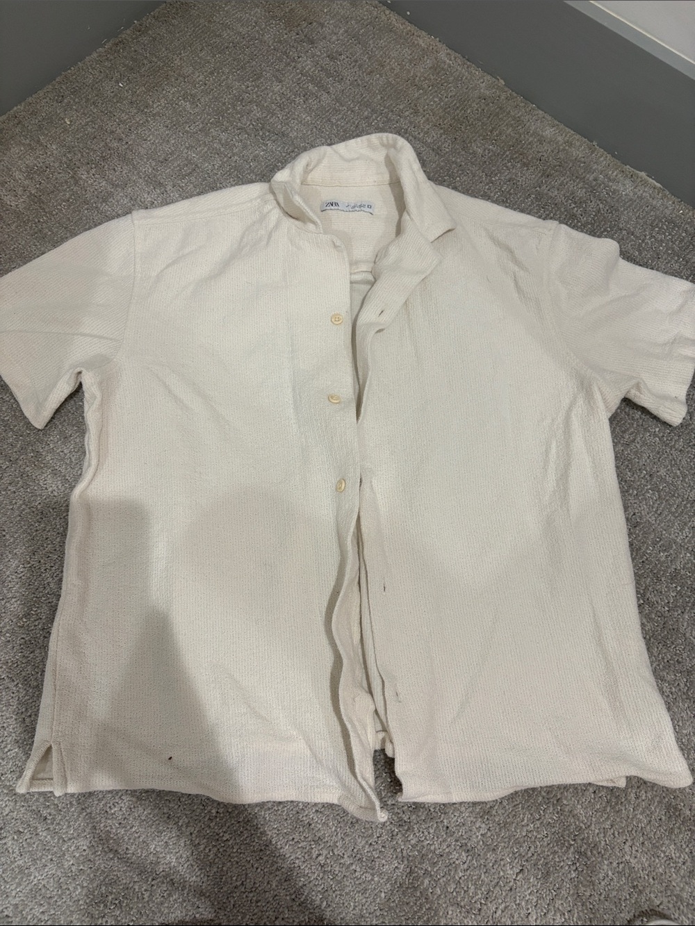 Zara Cream Textured Short Sleeve Button-Down Shirt